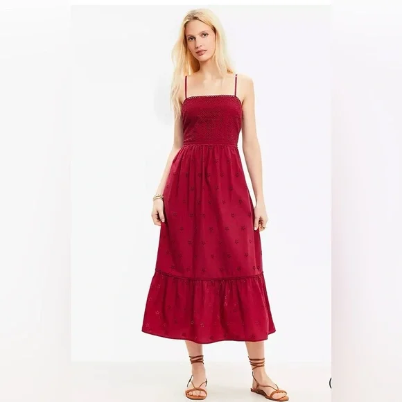 NWT Loft Eyelet Tiered Strappy Midi Dress - Picture 1 of 6